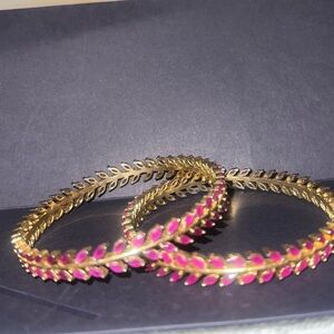 Elegant Gold and Pink Leaf Design Bangles with simulated rubies - pair
